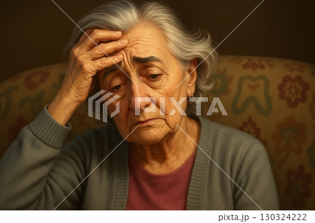 Portrait of an elderly woman holding her hand on her head, showing memory loss 130324222