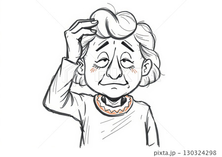 Sketch portrait of an old woman holding her hand on her head showing memory loss on white background 130324298