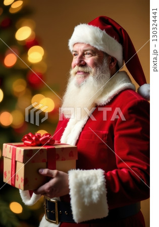 Santa claus holding christmas gift near decorated tree Santa claus holding christmas gift near decorated tree 130324441