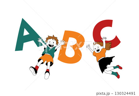 手書き風ベクターのアルファベットとジャンプする子どもたちのイラスト 130324491