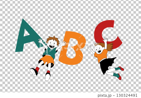 手書き風ベクターのアルファベットとジャンプする子どもたちのイラスト 130324491