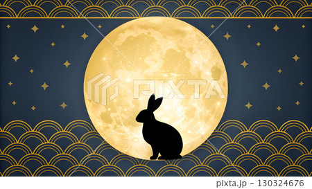Rabbit silhouette against a golden full moon with a night sky backdrop Rabbit silhouette against a golden full moon with a night sky backdrop 130324676