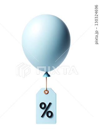 3d discount sale balloon tag with string, blue sale sticker and floating balloon isolated on transparent background 130324696