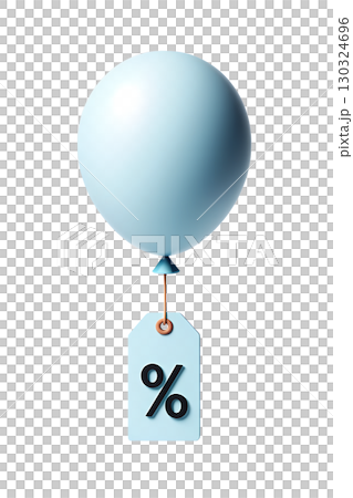 3d discount sale balloon tag with string, blue sale sticker and floating balloon isolated on transparent background 130324696