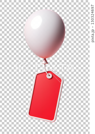 3d discount sale balloon tag with string, red sale sticker and floating balloon isolated on transparent background 130324697