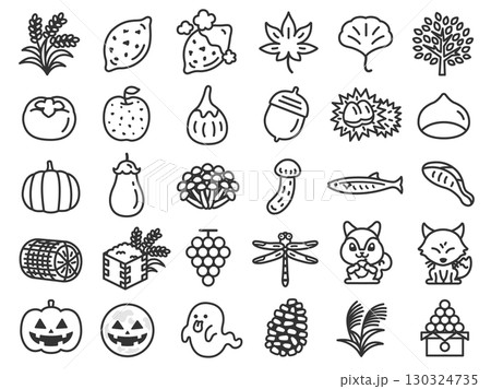 秋の味覚と秋の風物詩のアイコン(線画)のイラストセット 秋の味覚と秋の風物詩のアイコン(線画)のイラストセット 130324735