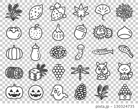 Illustration set of autumn tastes and autumn scenery icons (line drawings) 130324735