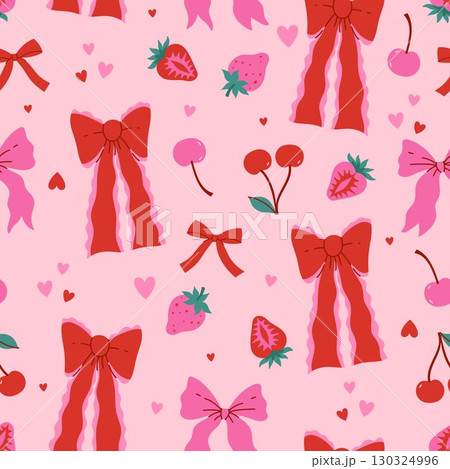 Seamless pattern with cherries and strawberries and bows. Vector graphics Seamless pattern with cherries and strawberries and bows. Vector graphics 130324996