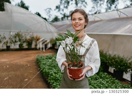 Young woman in a greenhouse holding a potted plant, showcasing joy and connection with nature, ideal for concepts like gardening and sustainability Young woman in a greenhouse holding a potted plant, showcasing joy and connection with nature, ideal for concepts like gardening and sustainability 130325300