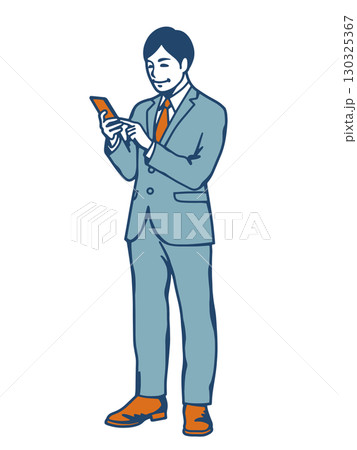 スマートフォンを操作するスーツ姿の若いビジネスマンのイラスト 130325367