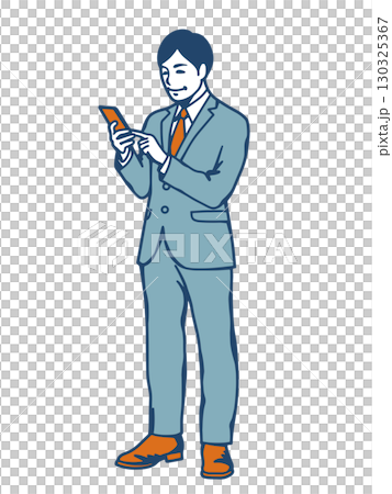 スマートフォンを操作するスーツ姿の若いビジネスマンのイラスト 130325367