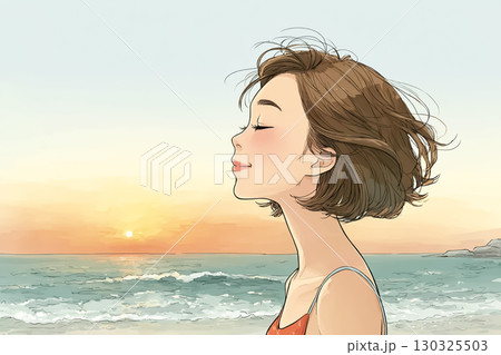 美優シリーズ：夕焼けの海で波の音を聞くショートボブ女性サーファー 130325503