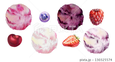 Rounded scoop of gelato ice cream, assorted berry flavors, blueberry raspberry strawberry cherry. Isolated illustration hand drawn in watercolor. Dessert decor, snack branding, frozen treat packaging. 130325574