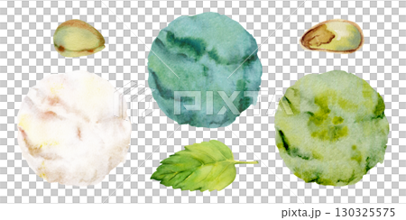 Ball scoop of gelato ice cream sorbet, assorted flavors mix, mint leaf, pistachio nut shell and kernel. Isolated illustration hand drawn in watercolor. Dessert snack branding, frozen treat packaging. 130325575