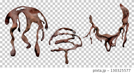 Drizzle of glossy melted chocolate syrup with flow marks, thick dripping swirl. Isolated illustration hand drawn in watercolor. Dessert topping art, flavor pairing decor, frozen snack menu insert. 130325577