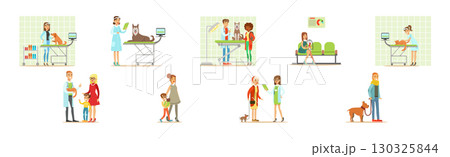 Veterinary Clinic with People Character Bring Domestic Animal Vector Set 130325844