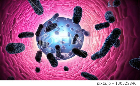 腸内細菌の悪玉菌たちが増えて腸内を浮遊しているイメージ、悪化した腸内環境の3Dイラスト 130325846