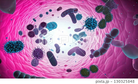 腸内細菌の悪玉菌たちが増えて腸内を浮遊しているイメージ、悪化した腸内環境の3Dイラスト 130325848