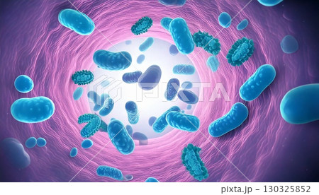 腸内細菌の悪玉菌たちが増えて腸内を浮遊しているイメージ、悪化した腸内環境の3Dイラスト 130325852