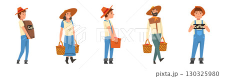 Coffee Production with Man and Woman Farmer Harvest Vector Set 130325980