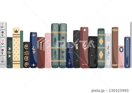 Standing vintage books seamless border isolated on white background. Vector illustration 130325993