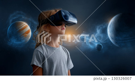 Child using virtual reality headset for metaverse, child looking into VR glasses. Little girl boy with futuristic glasses having fun, teenager playing video games. Technology, simulator, oculus future 130326007