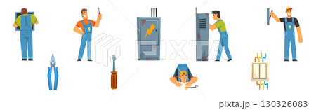 Man Electrician Character Provide Service Fixing Light Vector Set 130326083