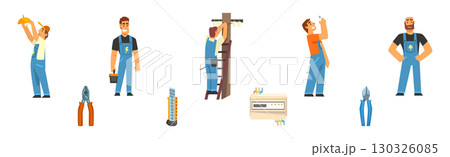 Man Electrician Character Provide Service Fixing Light Vector Set Man Electrician Character Provide Service Fixing Light Vector Set 130326085