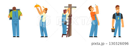 Man Electrician Character Provide Service Fixing Light Vector Set Man Electrician Character Provide Service Fixing Light Vector Set 130326096
