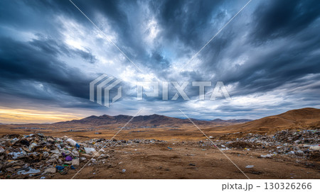 land with garbage, Garbage dump landscape of ecological damage contaminated land., plastic scrap in landfill, environmental problems pollution, waste or trash from household in waste landfill 130326266