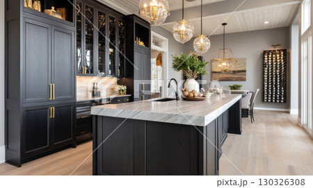 Interior of a modern kitchen with a dining table, chairs, white countertops and a lamp. Concept of buying a new home, an apartment or a house, housewarming and renovation Interior of a modern kitchen with a dining table, chairs, white countertops and a lamp. Concept of buying a new home, an apartment or a house, housewarming and renovation 130326308