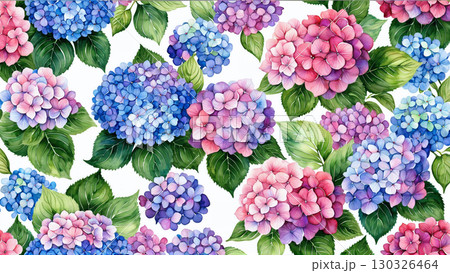 色とりどりの紫陽花が咲き誇る水彩のボタニカル背景 130326464