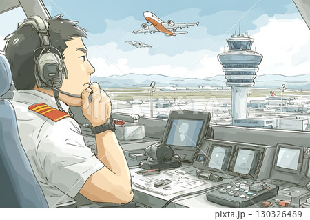 空港の管制塔で航空管制官がヘッドセットをつけて航空機を監視・指示しているシーン 130326489
