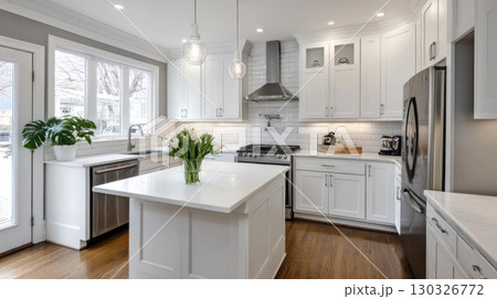 Interior of a modern kitchen with a dining table, chairs, white countertops and a lamp. Concept of buying a new home, an apartment or a house, housewarming and renovation 130326772