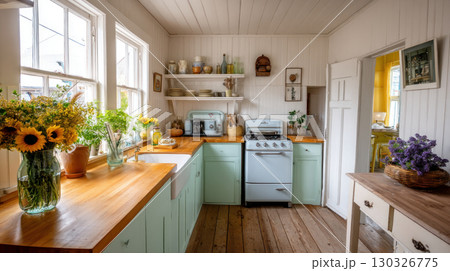 Interior of a modern kitchen with a dining table, chairs, white countertops and a lamp. Concept of buying a new home, an apartment or a house, housewarming and renovation Interior of a modern kitchen with a dining table, chairs, white countertops and a lamp. Concept of buying a new home, an apartment or a house, housewarming and renovation 130326775
