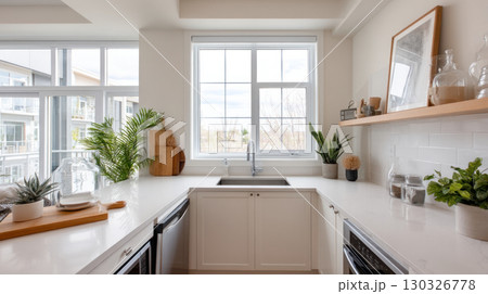 Interior of a modern kitchen with a dining table, chairs, white countertops and a lamp. Concept of buying a new home, an apartment or a house, housewarming and renovation 130326778