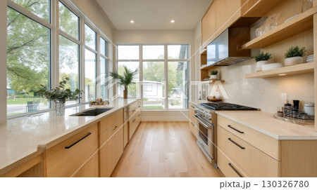 Interior of a modern kitchen with a dining table, chairs, white countertops and a lamp. Concept of buying a new home, an apartment or a house, housewarming and renovation 130326780