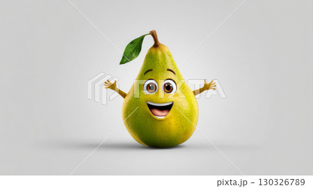 Pear with a cheerful face 3d character, transparent background 130326789