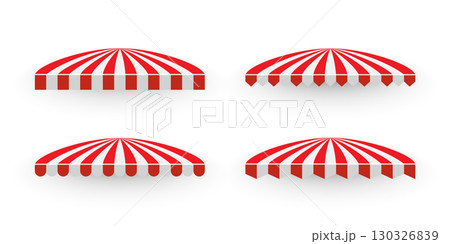 Red and white striped awning set. Collection of different shop canopies. Storefront sunshade elements for market stalls, cafes, outdoor shops. Realistic vector illustrations 130326839