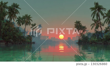 Tropical sunset reflecting on infinity pool with palm trees and city skyline Tropical sunset reflecting on infinity pool with palm trees and city skyline 130326860