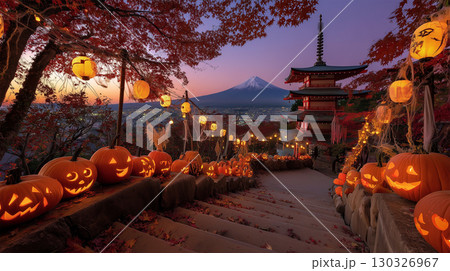 富士山と五重塔のハロウィン装飾秋夜景風景 130326967