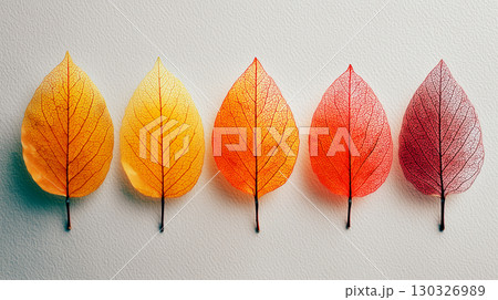 秋色の葉を横一列に並べたシンプル背景構図 秋色の葉を横一列に並べたシンプル背景構図 130326989