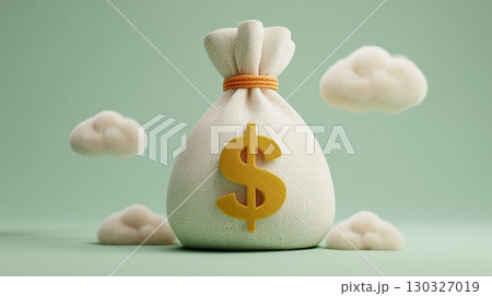 雲に浮かぶ白い巾着と大きなドル記号のイラスト 130327019
