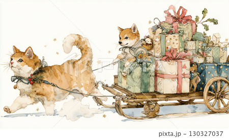 ネコとイヌが冬の道で楽しく贈り物を運ぶ ネコとイヌが冬の道で楽しく贈り物を運ぶ 130327037