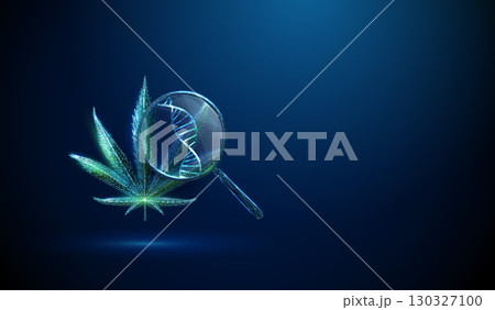 3d cannabis leaf under a magnifying glass with DNA helix inside. Genetic research, biotechnology, molecular biology, cannabinoid profile analysis concept. 130327100
