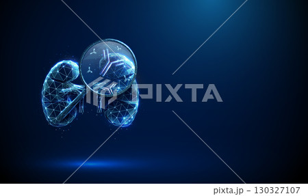Kidney under a magnifying glass with antibodies inside. Immune response, viral infection, kidney disease detection, nephrology research, health monitoring concept. Kidney under a magnifying glass with antibodies inside. Immune response, viral infection, kidney disease detection, nephrology research, health monitoring concept. 130327107
