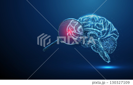 Brain with a magnifying glass and red spot inside. Brain lesion detection, neurological disease diagnosis, neuroimaging research, health monitoring concept. Brain with a magnifying glass and red spot inside. Brain lesion detection, neurological disease diagnosis, neuroimaging research, health monitoring concept. 130327109