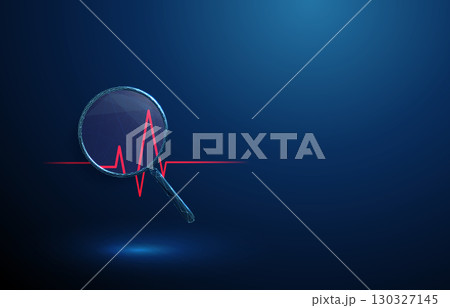 3d red heartbeat line under magnifying glass. Cardiac monitoring, heart rhythm analysis, arrhythmia detection, medical diagnostics concept. 3d red heartbeat line under magnifying glass. Cardiac monitoring, heart rhythm analysis, arrhythmia detection, medical diagnostics concept. 130327145