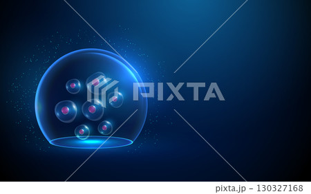 Blue stem cell cluster inside a glass dome. Neon sphere shield. Stem cell research, biobank storage, donor preservation, regenerative medicine, personalized therapy concept. 130327168