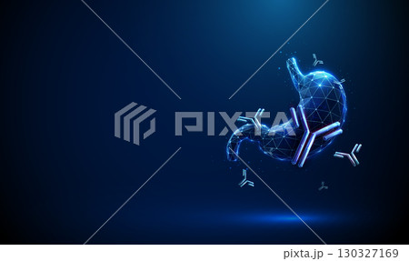 Human stomach with floating antibodies Autoimmune gastritis, Helicobacter pylori infection, vaccine prevention, antibody therapy, immunomodulation, biotechnology concept. 130327169